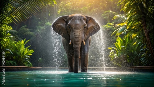 A Lone Elephant Being Gently Hosed Down in a Tropical Jungle Setting