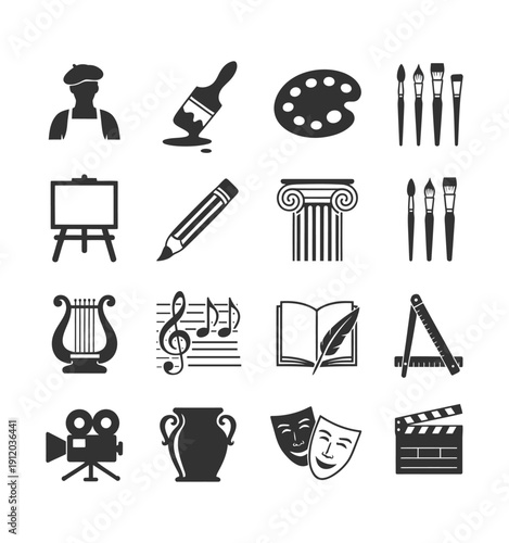 Creative arts and culture icons including artist painter tools musical instruments theater masks literature and cinematography gear