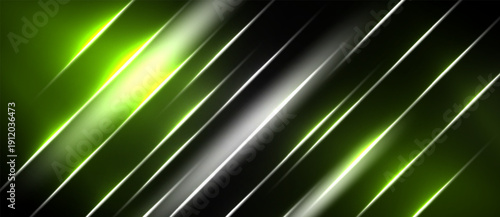 Abstract design features bright green, silver lines against black background. Diagonal streaks create dynamic visual effect. Modern, sleek aesthetic.