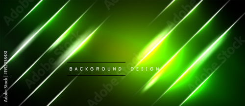 Abstract green background features dynamic diagonal lines. Bright neon glow creates futuristic visual effect. Text reads background design.