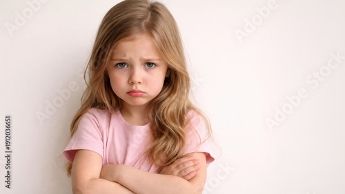 Sad little girl with crossed arms wearing pink t-shirt, pouting and looking upset while standing against light background