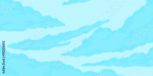 Dotted comic cloud background. White halftone clouds in blue sky. Pop art heaven wallpaper for banner, brochure, collage, poster, leaflet. Pixelated smoke, smog or fog texture. Vector illustration