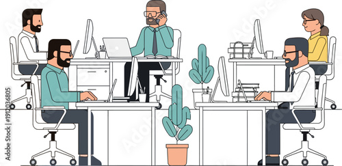 Illustration of diverse office workers collaborating in a modern workspace