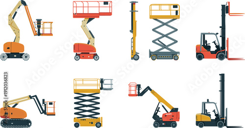 Aerial Work Platform and Forklift Equipment Set Including Scissor Lift, Boom Lift and Industrial Warehouse Machines Isolated on White Background Illustration
