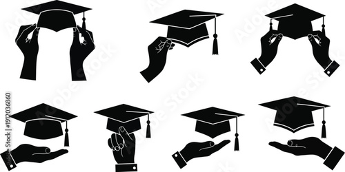 Six graduation cap silhouettes isolated on transparent background