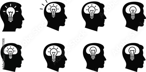Silhouette of eight human heads with lightbulb ideas isolated on transparent background