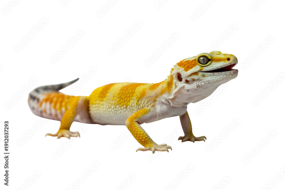 Fototapeta premium vibrant gecko showcasing its distinctive orange and yellow striped pattern, photographed in studio setting . Isolated on transparent background, png