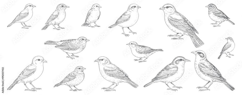 Naklejka premium Engraved bird collection in detailed hand drawn line art. Vintage forest birds illustrated in classic ink style.