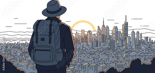 Solo traveler wearing a backpack and fedora observes a sprawling urban cityscape illuminated by the gentle glow of the rising morning sun from a hilltop.