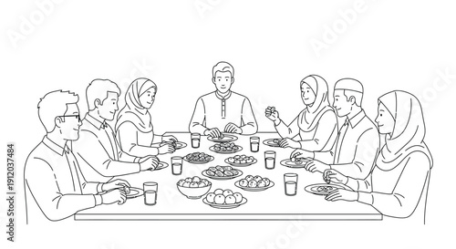 Diverse group of muslim family members and friends happily gathering together breaking their fast with traditional food and dates during Ramadan