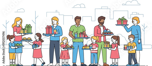 Diverse group of happy adults and children presenting various items like food presents and beverages on serving trays outdoors suggesting a festive gathering or celebration.
