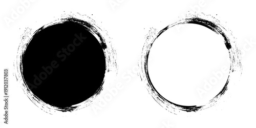 Two abstract black ink circles on white background. Brush stroke textures and filled unfilled designs. 