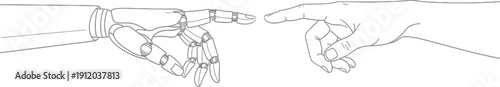 Illustration depicting the moment a futuristic robotic mechanical hand meets a human finger symbolizing connection and artificial intelligence breakthrough