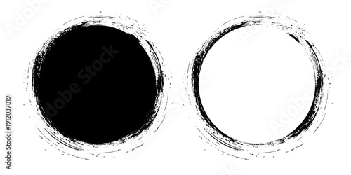 Two abstract black ink circles on white background. Varying brush stroke textures and filled unfilled designs. 