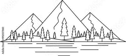 Minimalist black and white line art illustration depicting a serene mountain range with evergreen trees reflected across calm water in abstract design