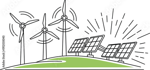 Simple line art illustration depicting renewable energy generation using spinning wind turbines alongside active solar panels situated on a grassy hill.