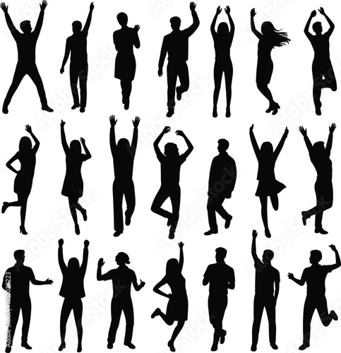 Happy People Silhouette Set Illustration Showing Jumping Dancing Celebrating Men and Women Poses, Joyful Energy, Party Success Concept, Black and White Isolated Design