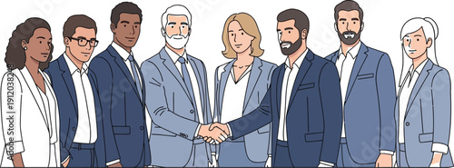 Diverse group of modern business professionals in suits standing together with two colleagues shaking hands in the center signifying agreement