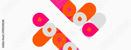 Abstract design features repeating pill shapes. Orange, pink, white colors create dynamic visual pattern. Simple geometry dominates composition.
