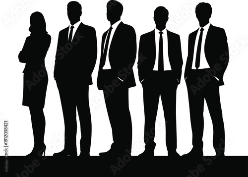 Business Team Silhouette Illustration Showing Professional Men and Woman in Formal Suits, Corporate Leadership Group, Office Workforce Concept, Success and Management, Black and White Isolated Design