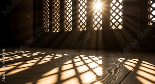 Wallpaper Mural Sunlight streaming through lattice windows casts geometric shadows on a wooden floor. Torontodigital.ca