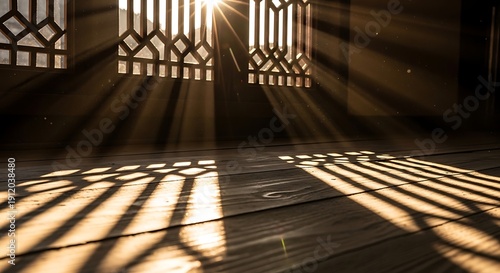 Wallpaper Mural Sunlight streaming through lattice windows casts geometric shadows on a wooden floor Torontodigital.ca