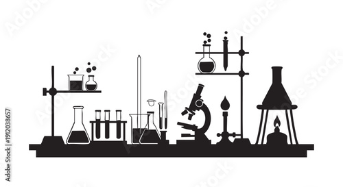 Diverse scientific laboratory setup with various glassware, a microscope, and Bunsen burner, silhouette illustration for chemistry and experimentation