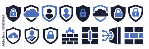 Network security and firewall protection vector icon set with shield, secure server, data center, cyber defense wall and encryption symbols for cybersecurity technology design