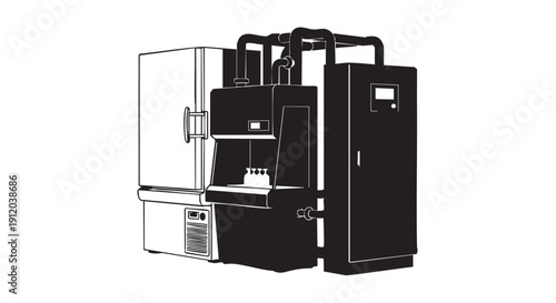 Laboratory equipment collection with refrigerator, fume hood, and control cabinet, isolated on white background, clean design style, scientific research tools.