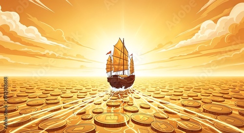 Wallpaper Mural A sailboat floats on a sea of golden coins under a radiant sunset sky. Torontodigital.ca