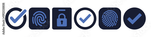 Biometric security and digital authentication vector icon set with fingerprint scan, secure lock, identity verification and approval checkmark symbols for cybersecurity design