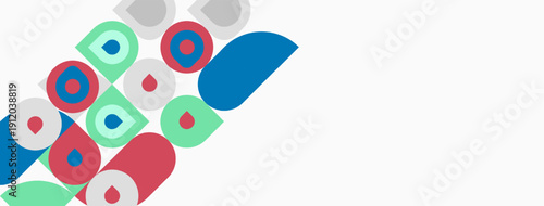 Colorful circles, squares overlap white space. Modern design, simple shapes create dynamic composition. Bright hues attract attention.