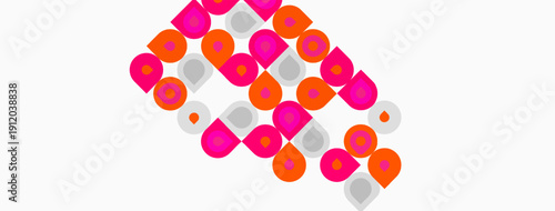 Abstract pattern features colorful circles, squares. Shapes overlap creating dynamic visual texture. Minimalist design, bright hues dominate composition.