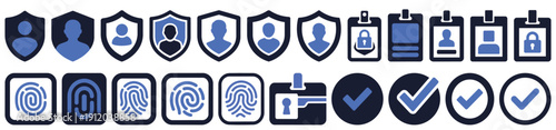 Data security and identity protection vector icon set with shield, fingerprint scan, biometric verification, secure document, checklist approval and privacy compliance symbols