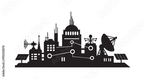 Smart city silhouette with communication towers satellite dishes and solar panels representing futuristic urban technology infrastructure networked buildings and renewable energy systems integrated