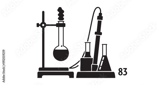 Laboratory setup chemical experiment with glassware scientific instruments number 83 black silhouette illustration white background vector graphic element