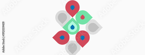Abstract graphic design features colorful droplet shapes arranged symmetrically. Minimalist style, clean lines, simple composition.
