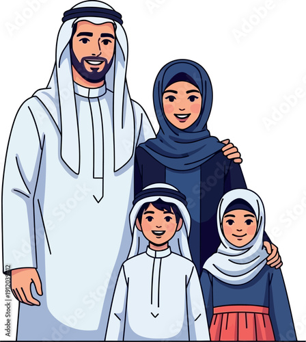 Illustration of a happy Arab family, mother, father, a girl and a boy, isolated on a white background
