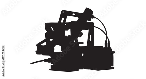 Silhouetted scientific laboratory equipment set up on a table with beakers flasks and microscopes for research and development experiments in a dark clean room for academic purposes
