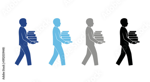 Knowledge & Burden: a sequence illustrating the weight of knowledge, depicting a person carrying a stack of books, in silhouette, across varying tones. 
