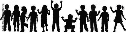 Large collection of black silhouette figures of various children and kids standing, waving hands, and playing together in a group for school or childhood concepts.