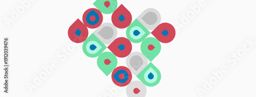 Colorful droplet shapes form diamond pattern. Minimalist design, flat illustration, simple geometry, vibrant hues present.
