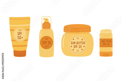 Sunscreen and sun protection product set in flat design, cute summer skincare collection isolated on white background