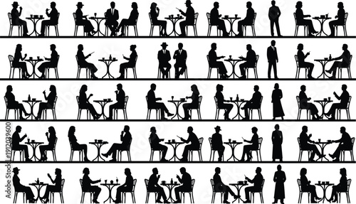 Large collection of black silhouette figures of people sitting at cafe tables drinking coffee and talking in a restaurant or outdoor bistro setting.