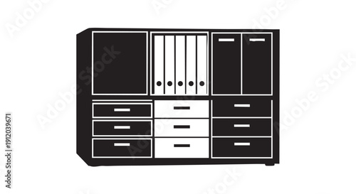 Silhouette illustration of office storage cabinet containing ring binders and various drawers for efficient document organization and professional archive management in commercial workspace interior
