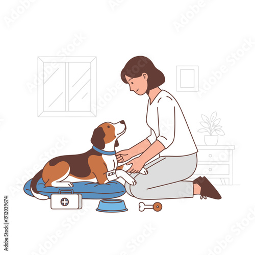 Caring woman bandages injured dog's paw on floor, first aid kit nearby