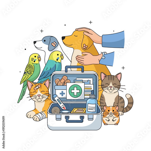 Veterinary First Aid Kit with Injured Pets - Dog, Cats, Birds, Hamster
