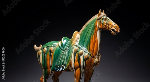 Wallpaper Mural Glazed ceramic horse sculpture with vibrant green and brown patterns, displayed against a dark background Torontodigital.ca