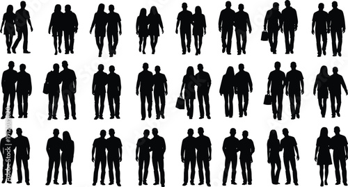 Large collection of black silhouette figures of various couples and pairs of people walking or standing together in different poses for lifestyle concepts.