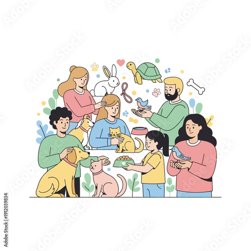 Diverse people caring for pets: dogs, cats, rabbit, birds, turtle, happy family, animal love
